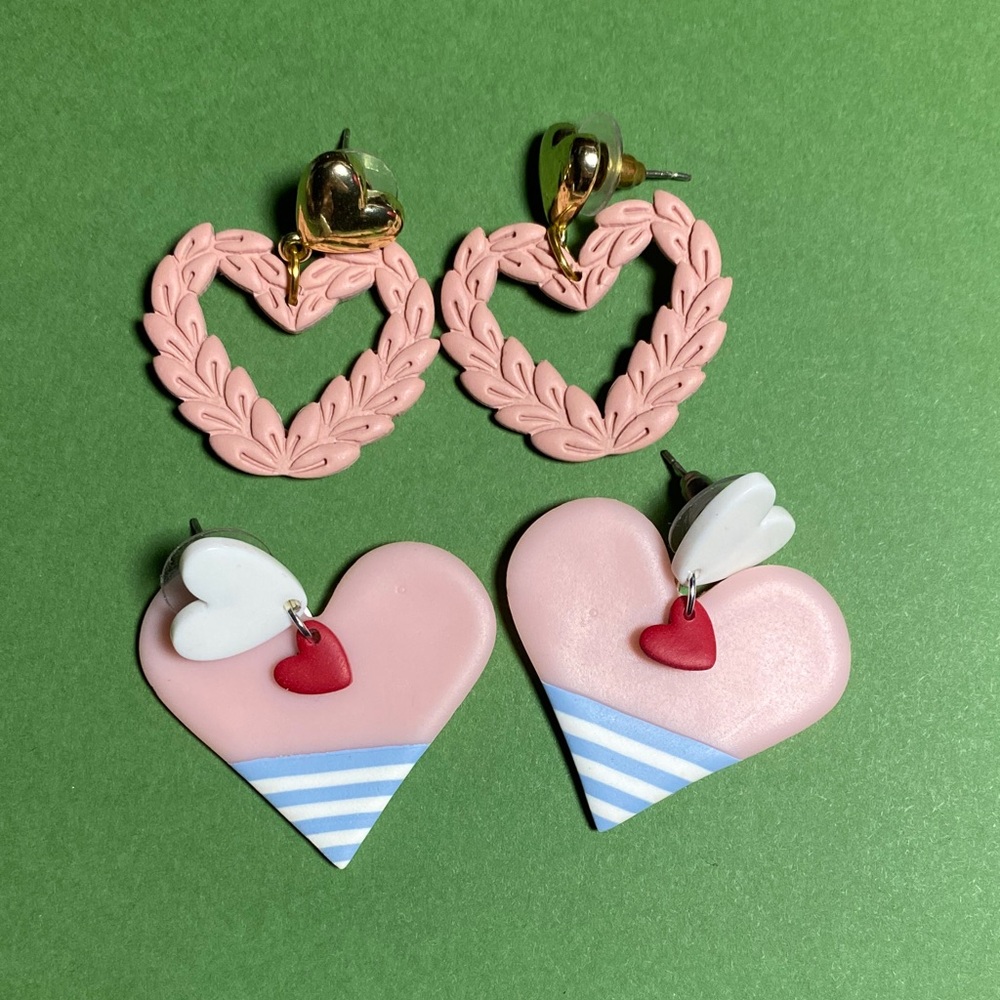 Handmade clay Pink Heart Dangle Earrings - Cute Heart Stud Earrings